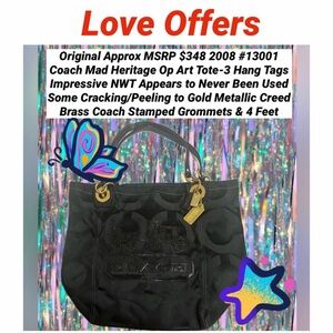 Coach Mad Heritage Op Art Bk Tote 13001 NWT Some Cracking/Peeling to Gold Creed